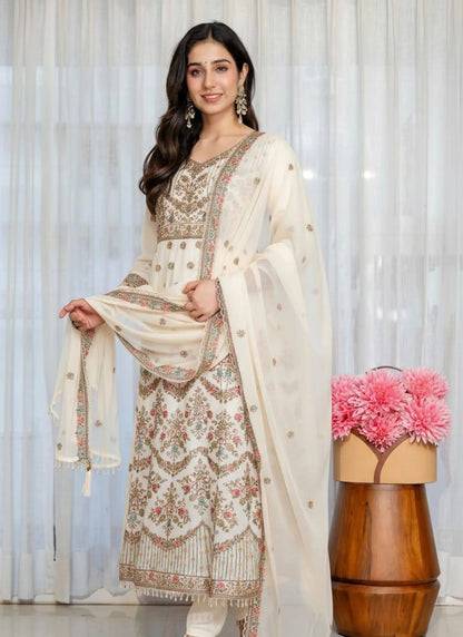 Off White Faux Blooming Fabric Thread Embroidered Anarkali Suit
