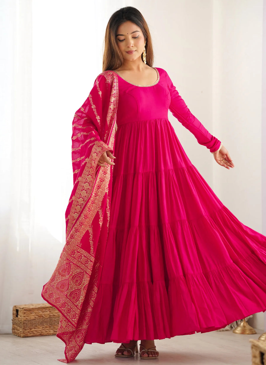 Heavy Pure Romansilk Anarkali Pink