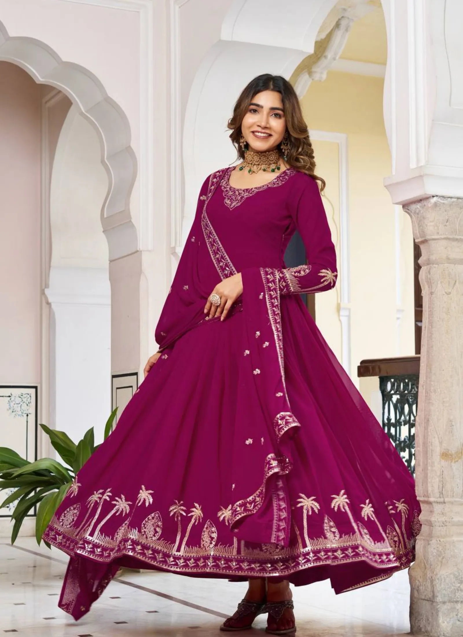 Pink Faux Georgette Thread Work Anarkali Suit