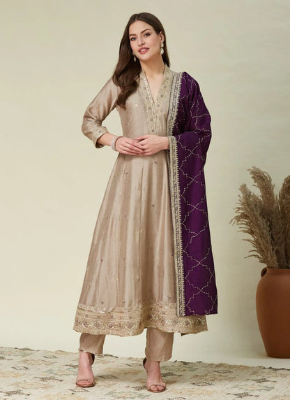 Premium Embroidery Anarkali Kurti Set Cream