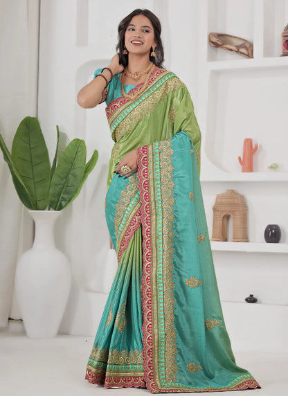 Beautiful Embroidery Silk Saree Green