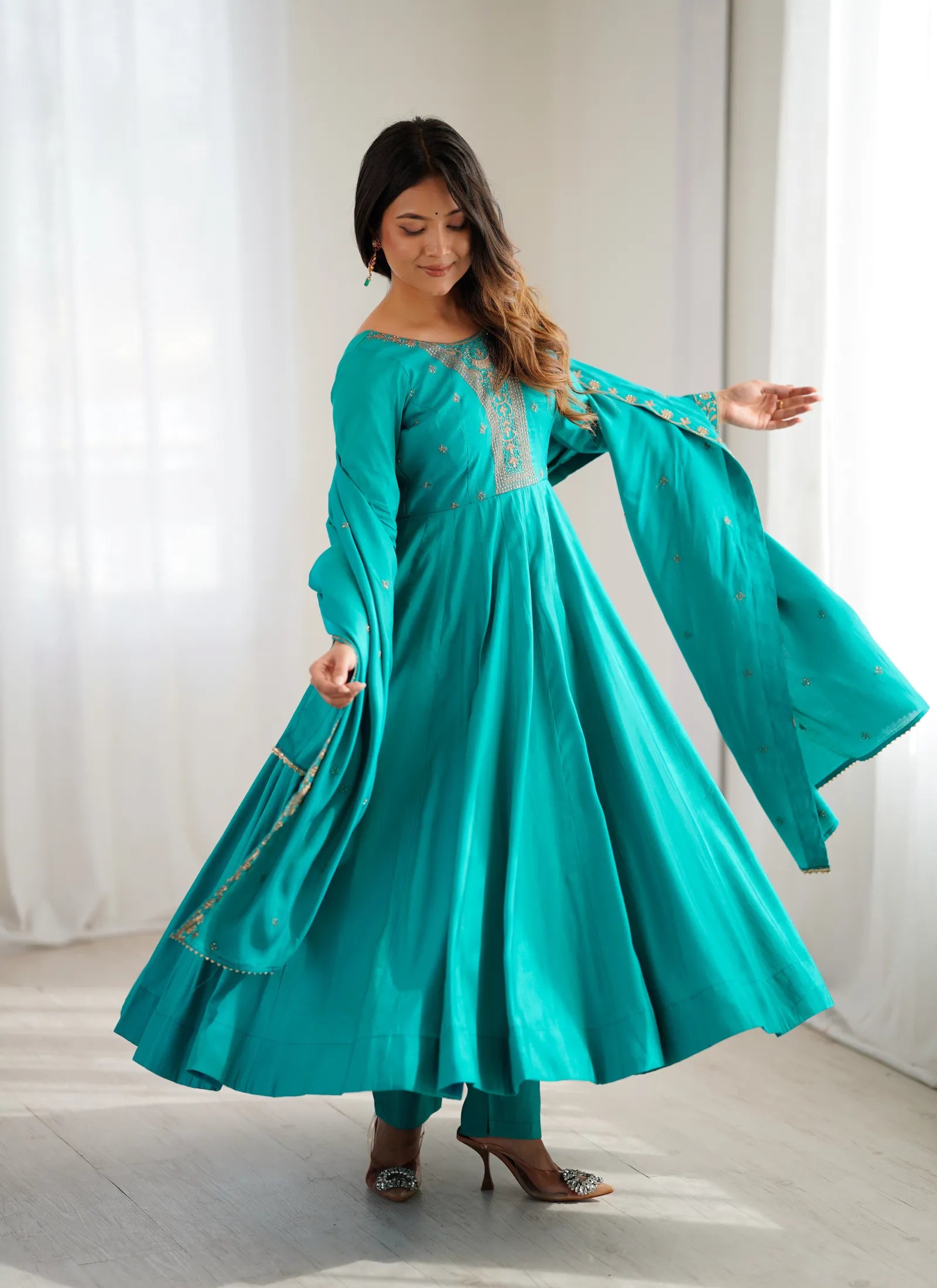 Pure Chanderi Silk Anarkali Suit Rama