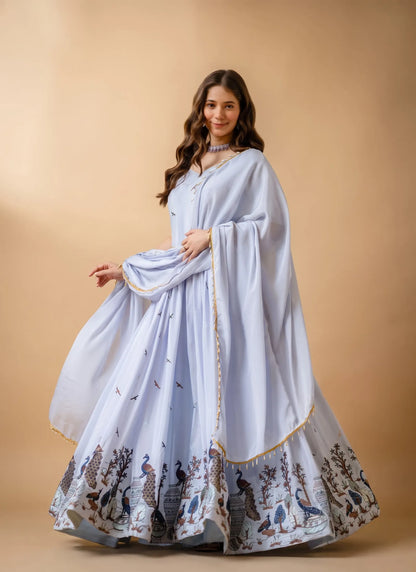 Blue Grey Embroidered Chinon Fabric Gown