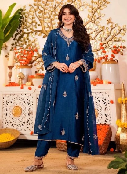 Premium Vichitra Silk Kurta Set Blue