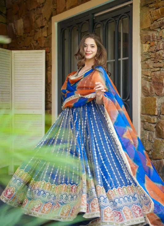 Pure Organza Silk Anarkali Gown Blue