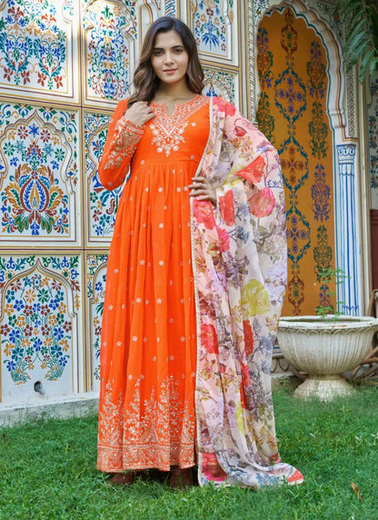 Orange Georgette Thread Work Anarkali Suit