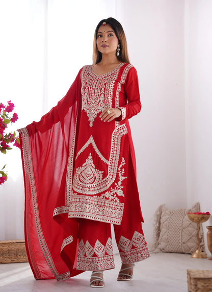 Pure Vichitra Silk Embridery Kurta Red
