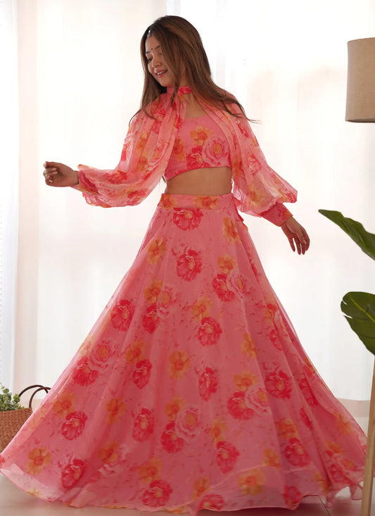 Multi Floral Organja Fabric Lehenga Choli