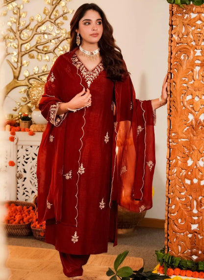 Premium Vichitra Silk Kurta Set Red