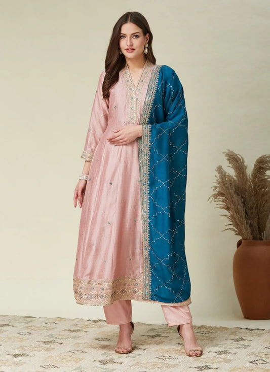 Premium Embroidery Anarkali Kurti Set Pink