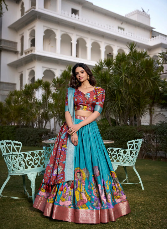 Beautiful Tusser Silk Lehenga Choli Sky