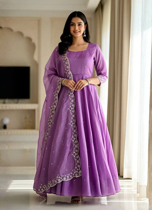 Embroidery Zari Work Silk Gown Purple