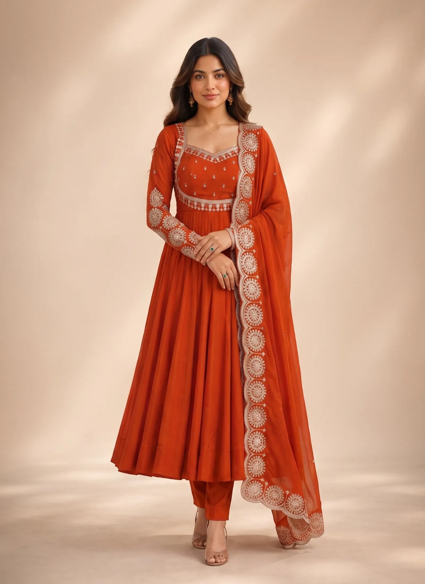 Orange Roman Silk Designer Anarkali Suit