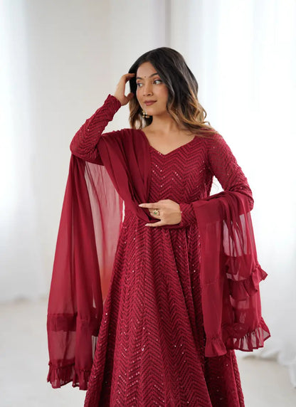 Classic Lucknowi Georgette Fabric Anarkali Suit Maroon