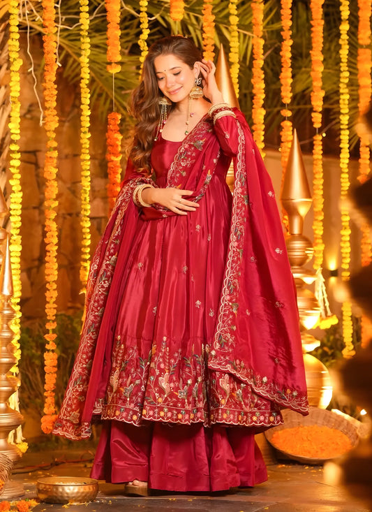 Red Heavy Silk Anarkali Suit
