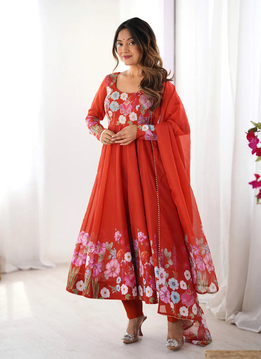 Pure Soft Organja Silk Anarkali Red