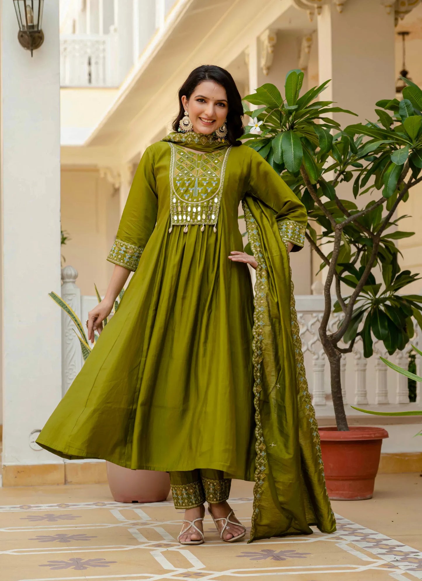 Beautiful Roman Silk Anarkali Kurti Mehndi