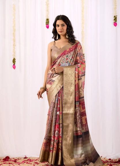 Tribal Art Print Soft Lichi Silk Saree