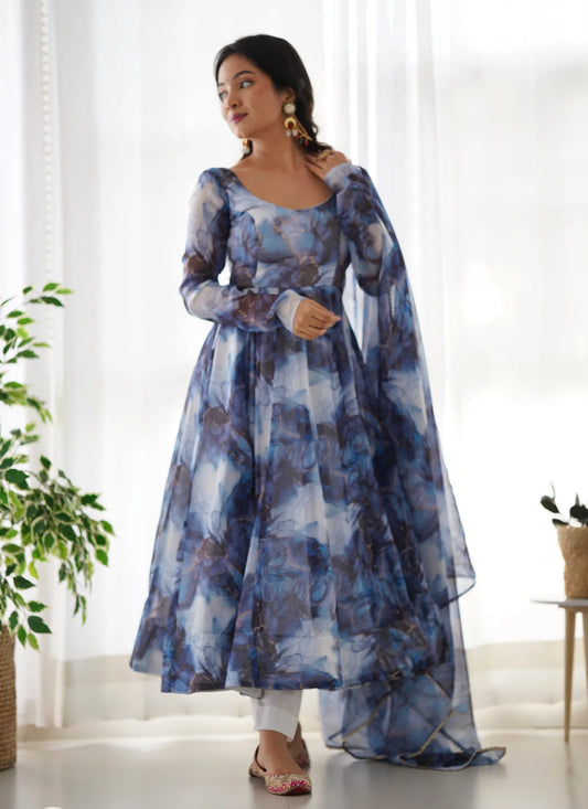 Pure Soft Organja Silk Marble Print Anarkali Navy Blue