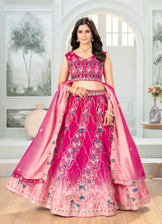 Pink Embroidery Chinon Silk Lehenga Choli