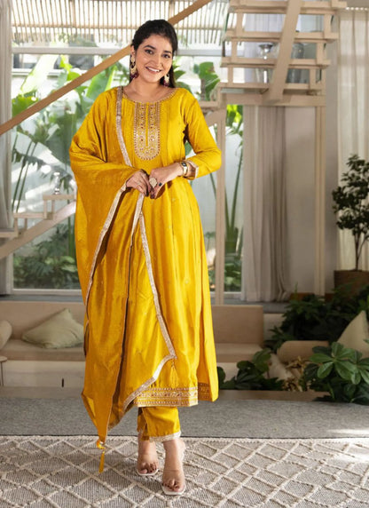 Designer Vichitra Silk Anarkali Kurti Yellow