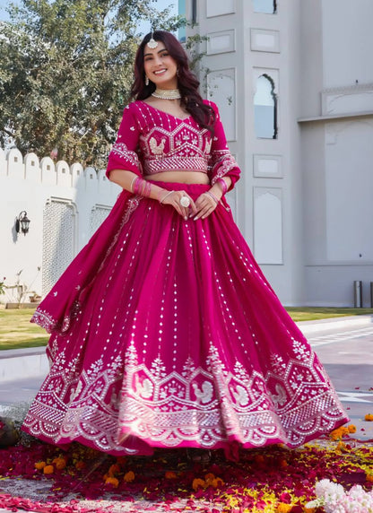 Pink Pure Vichitra Silk Embroidery Work Lehenga Choli - Buy Online India