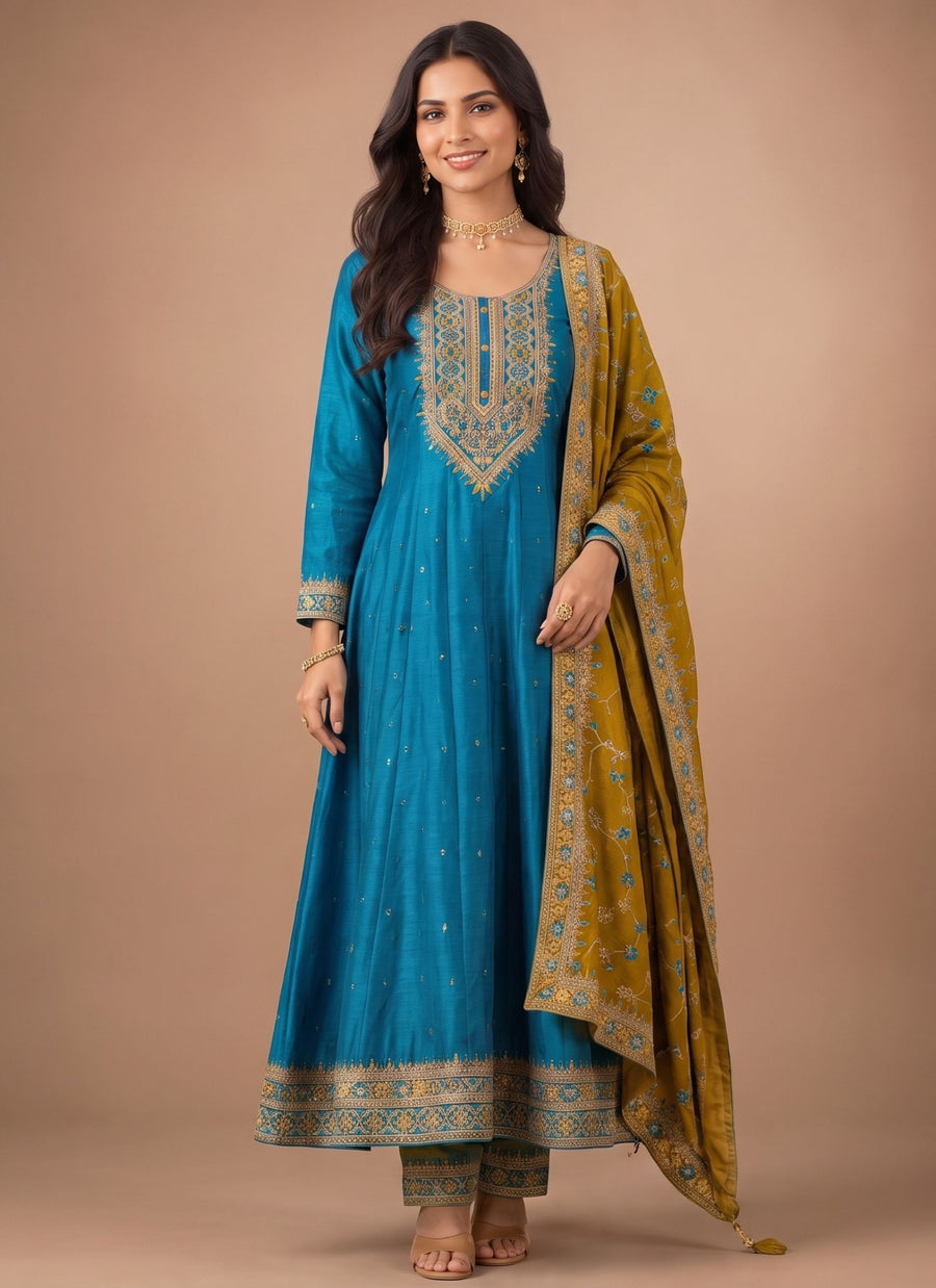 Peacock Vichitra Silk Designer Anarkali Set
