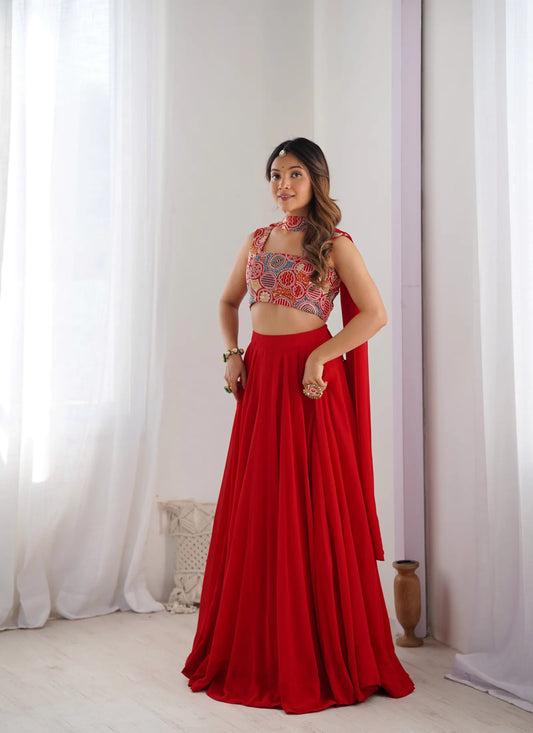 Pure Soft Fox Georgette Lehenga Choli Red