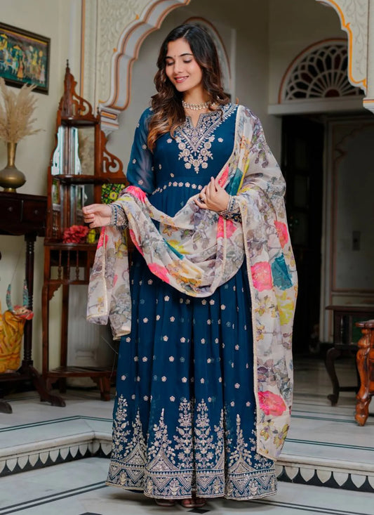 Blue Georgette Thread Work Anarkali Suit