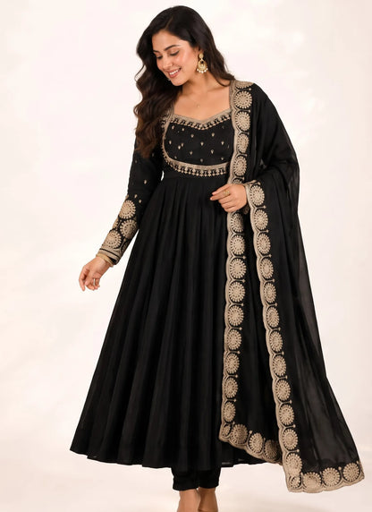 Black Roman Silk Designer Anarkali Suit