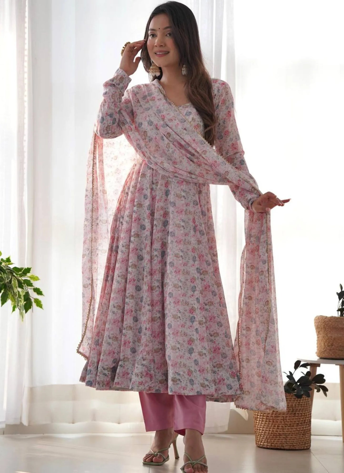 Pure Chiffon Floral Print Anarkali Pink