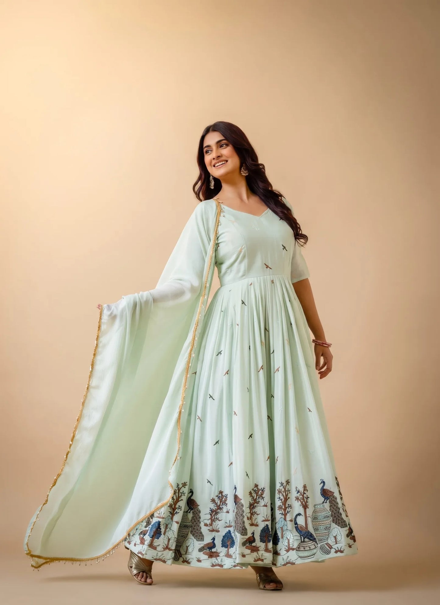 Green Embroidered Chinon Fabric Gown