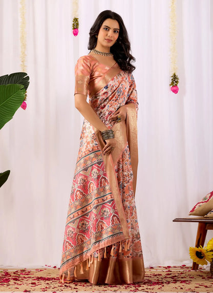 Intricate Floral Print Soft Lichi Silk Saree