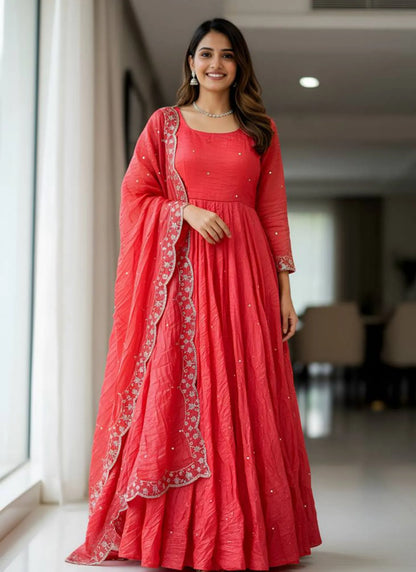 Embroidery Zari Work Silk Gown Red