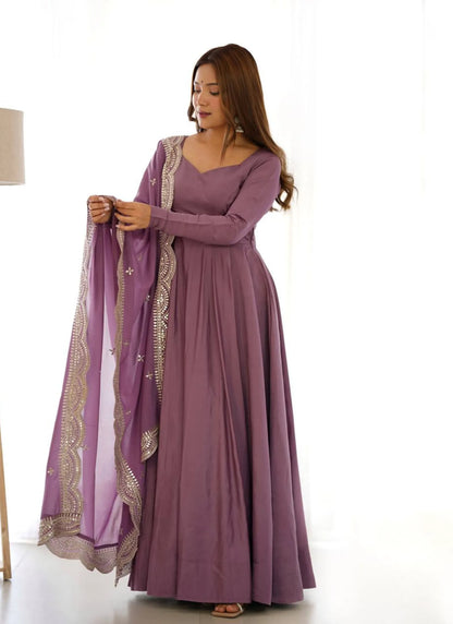 Pure Romansilk Chanderi Fabric Anarkali Mauve