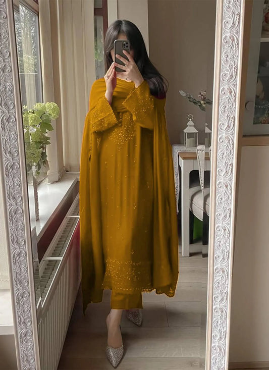 Premium Georgette Embroidery Salwar Suit Yellow