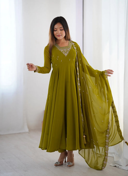 Pure Soft Fox Georgette Anarkali Mehndi