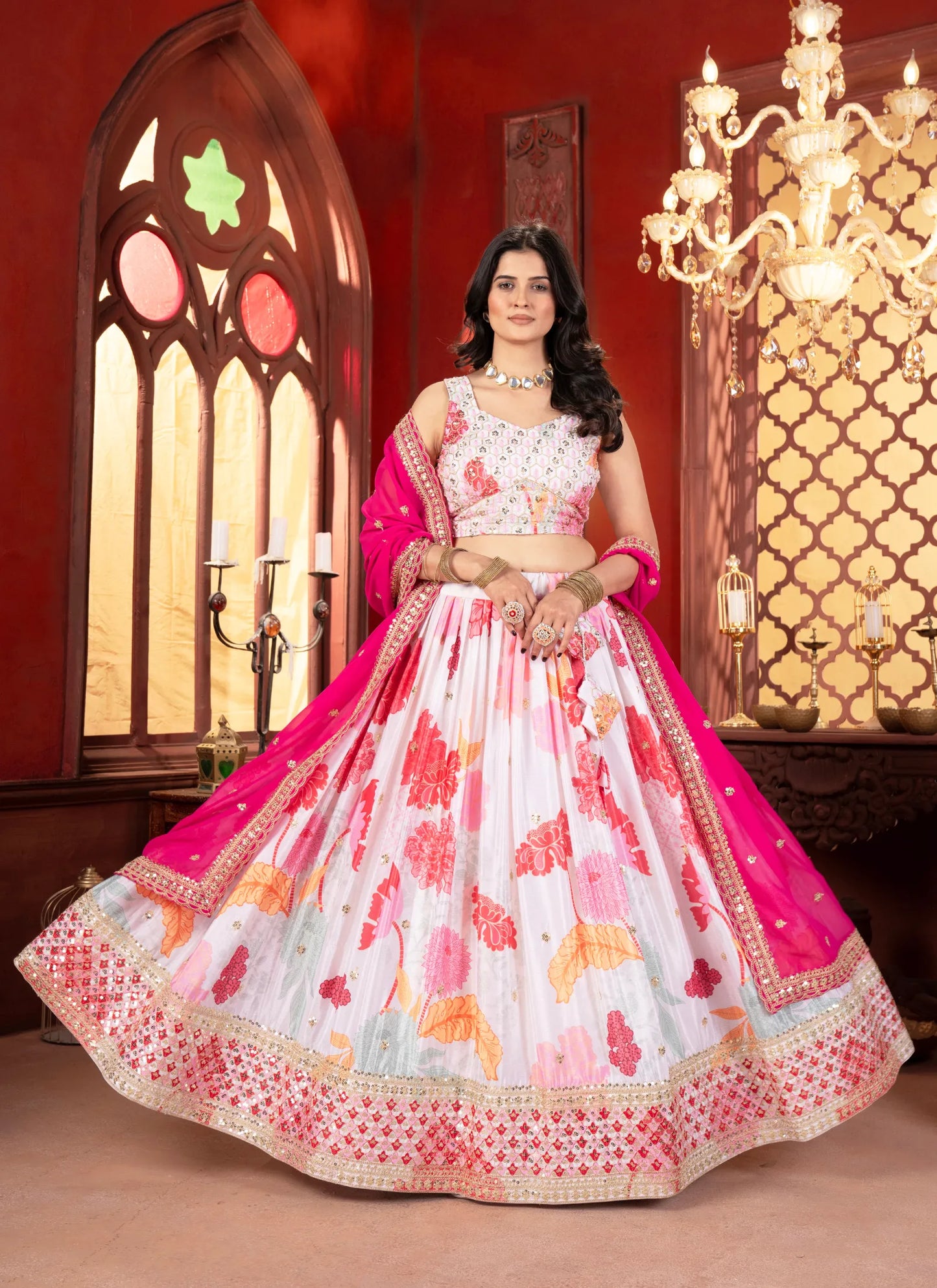 Floral Pink Chinon Silk Lehenga Choli