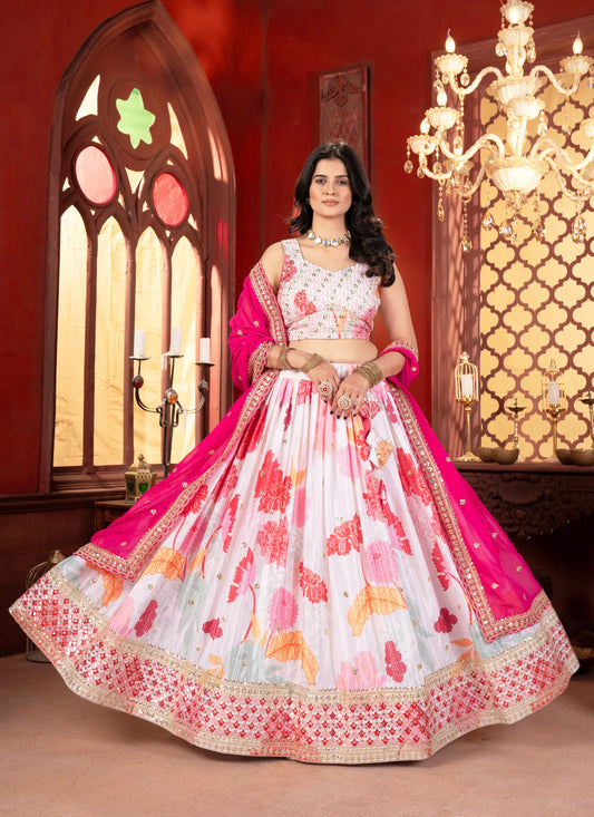 Floral Pink Chinon Silk Lehenga Choli