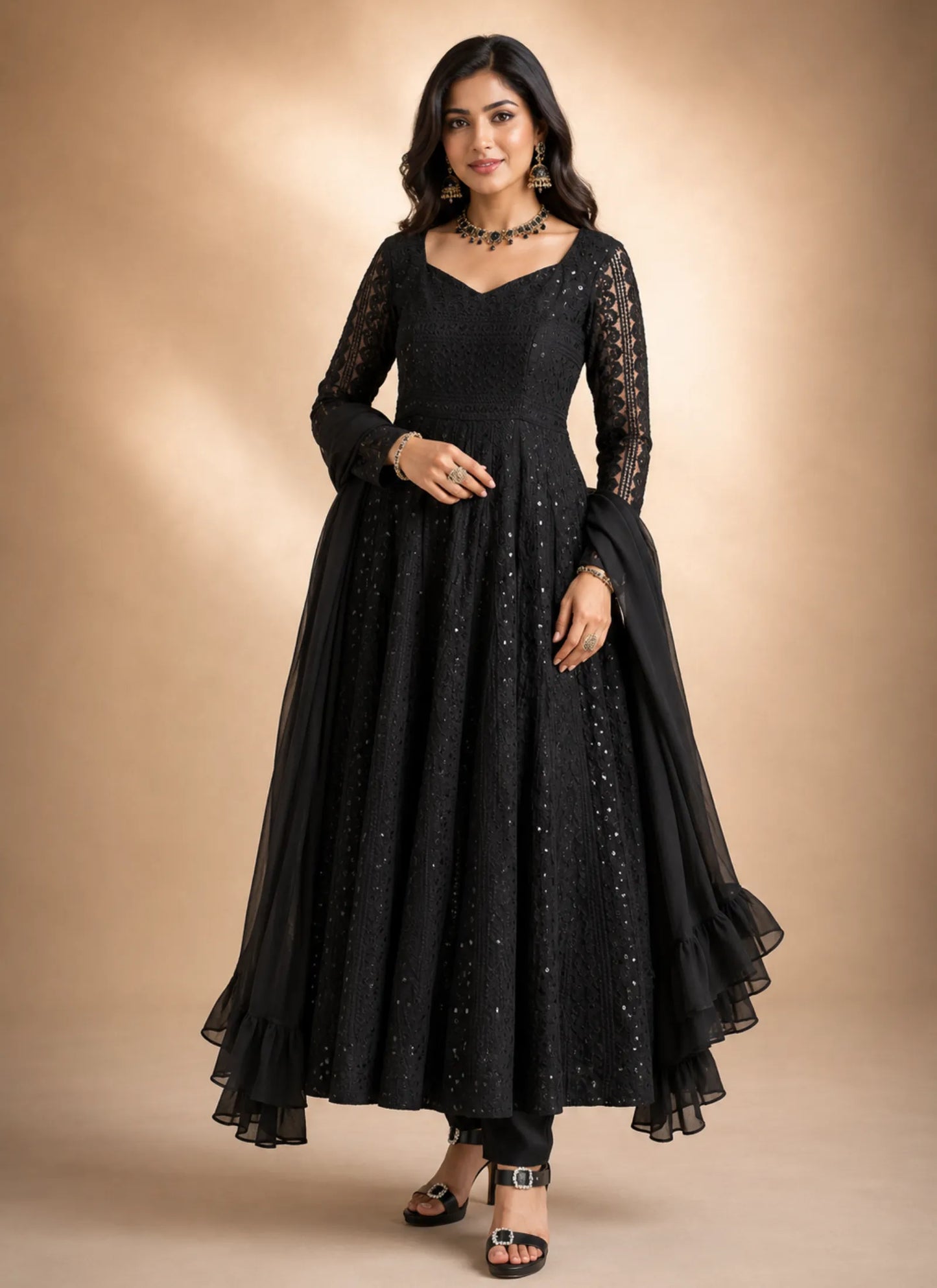Black Lucknowi Sequence & Thread Work Anarkali Suit