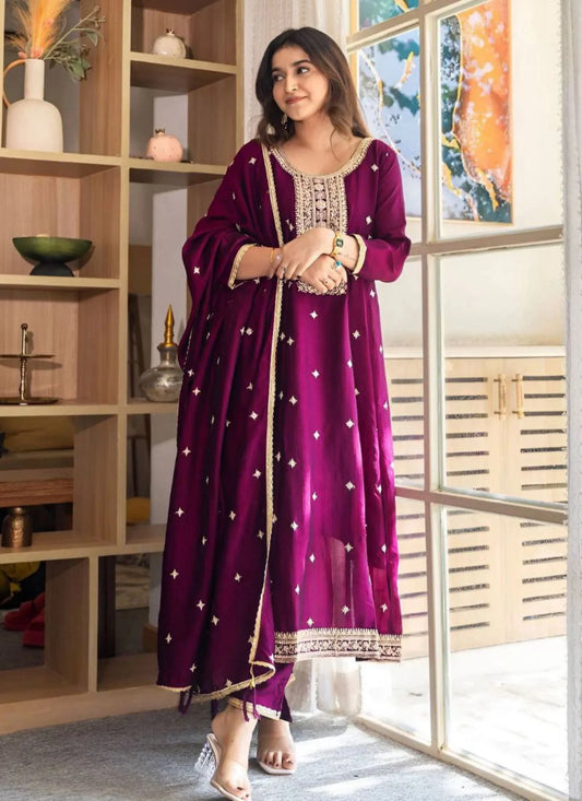 Designer Vichitra Silk Anarkali Kurti Purple