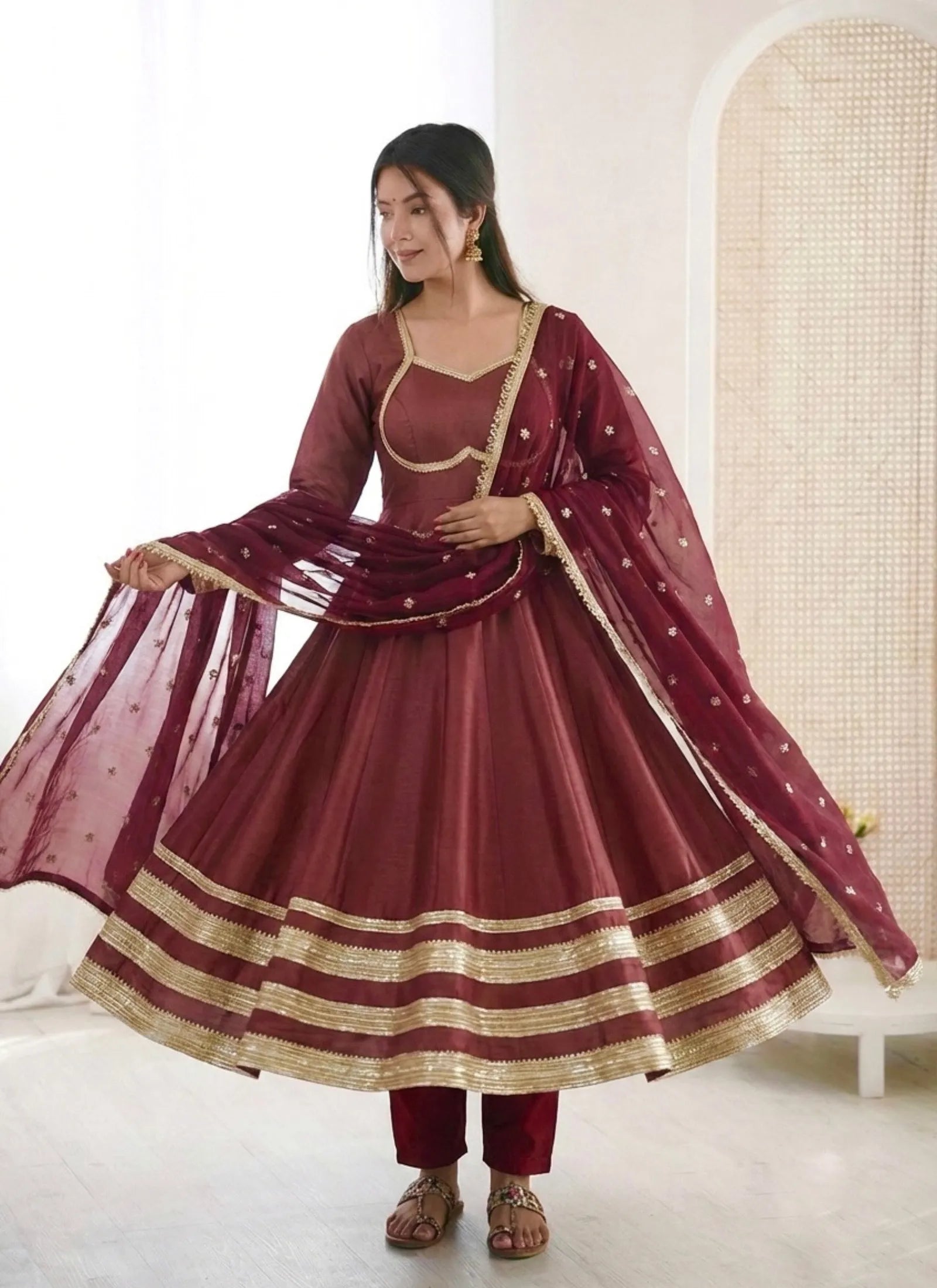 Maroon Heavy Lace Work Designer Anarkali Suit