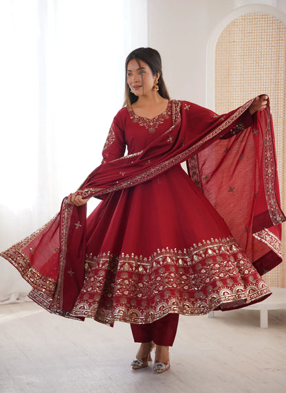 Maroon Embroidered Sequence Anarkali Suit