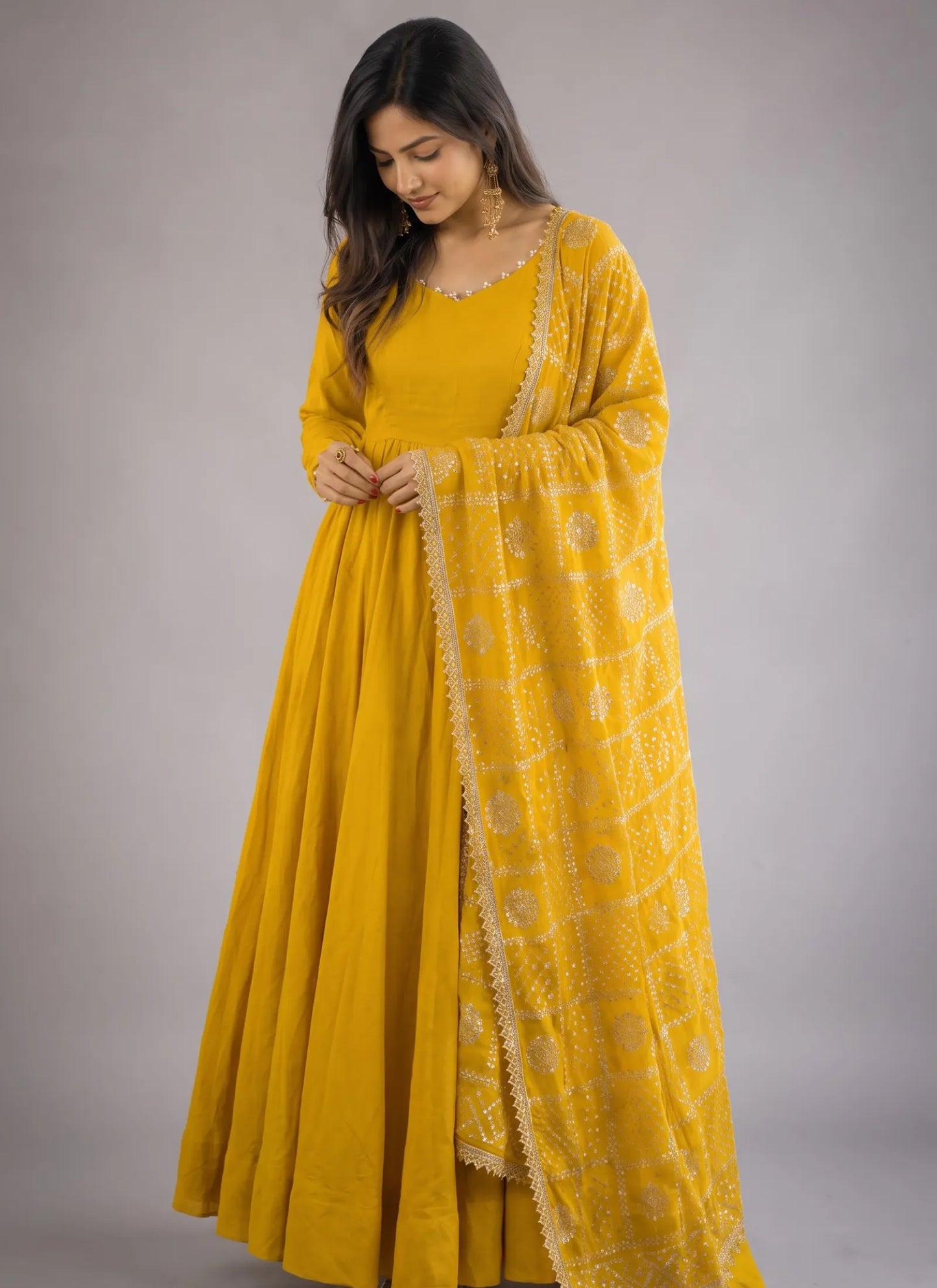 Yellow Heavy Roman Silk Anarkali Suit