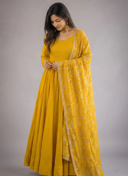 Yellow Heavy Roman Silk Anarkali Suit