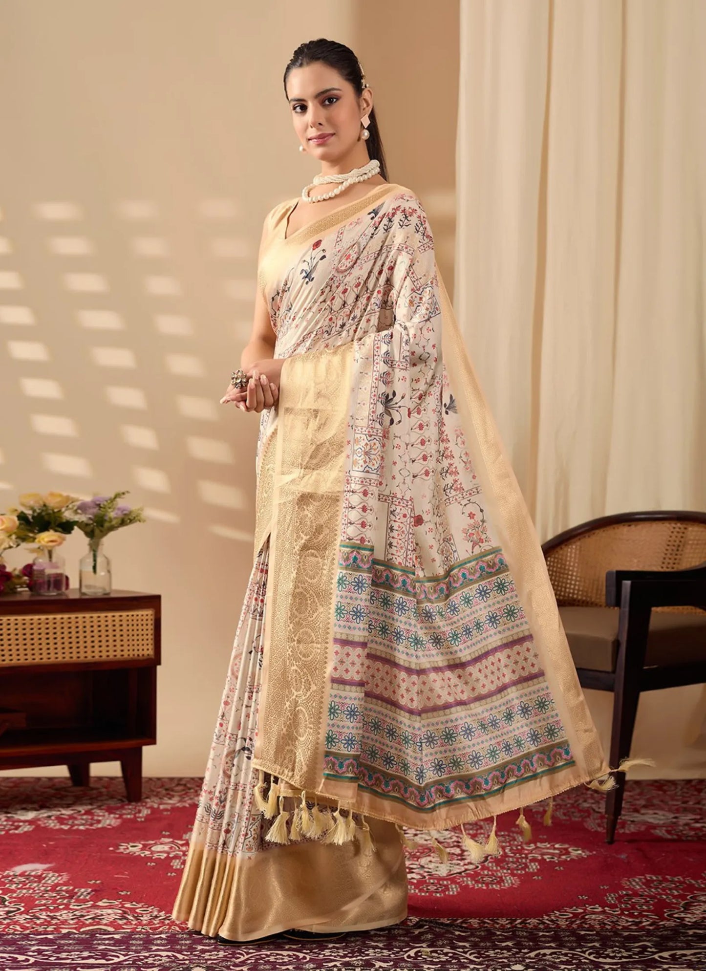 Ethnic Print Soft Lichi Silk Saree Beige