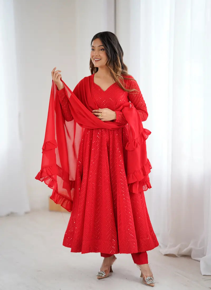 Classic Lucknowi Georgette Fabric Anarkali Suit Red