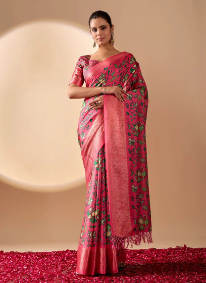 Floral Print Soft Lichi Silk Saree Pink