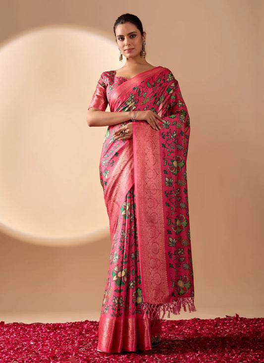 Floral Print Soft Lichi Silk Saree Pink
