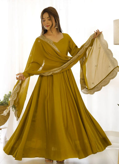 Pure Romansilk Chanderi Fabric Anarkali Mustard